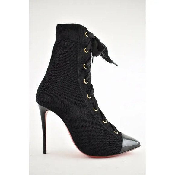 Christian Louboutin Frenchie 100 Black Patent Lace Heel Ankle Boot Bootie 35.5 - Picture 2 of 11